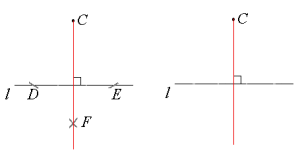 Til venstre: Normalen er merkert med rødt. Til høyre: Vi har tatt vekk alle hjelpepunktene og viser kun linjen l, punktet C og normalen fra C ned på linjen l.